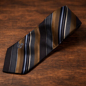 VTG Via Re Mens Embroidered Crest Slub Textured Regimental Stripe Blue Brown Tie